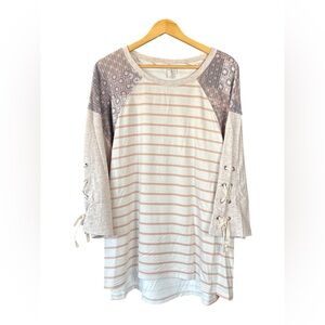 Cato Cream and Blush Striped Long Sleeve Tee with Lace-Up Sleeves